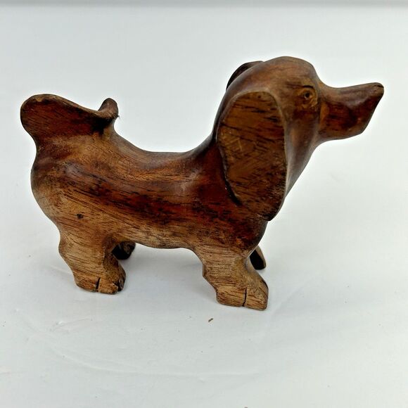 Vintage Hand Carved Wooden Dachshund Figurine Collectible Friendly Looking Up - Picture 3 of 11